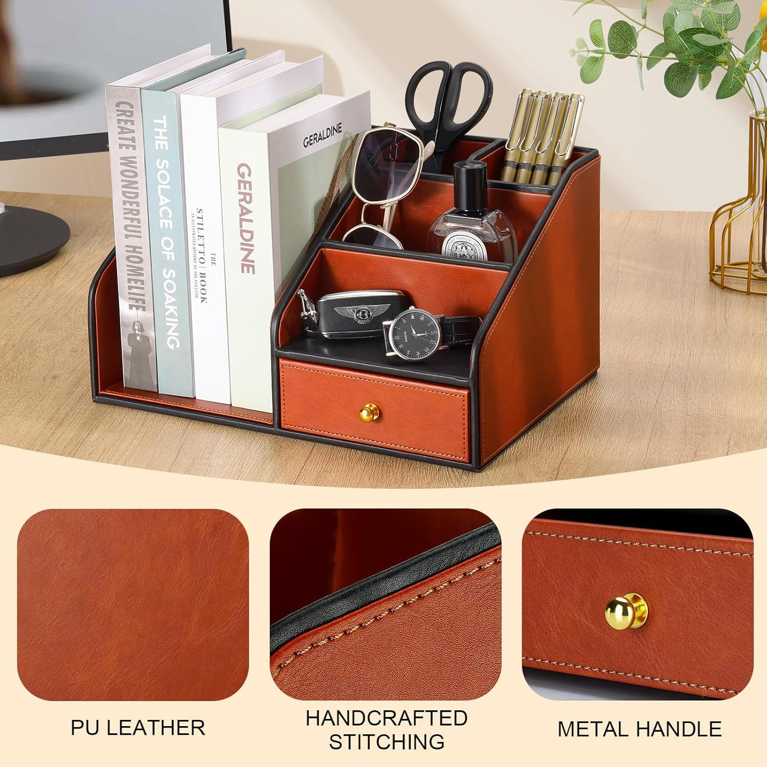 PU Leather Desk Organizer, Multifunction 6 Compartment Desk Organizers and Acces
