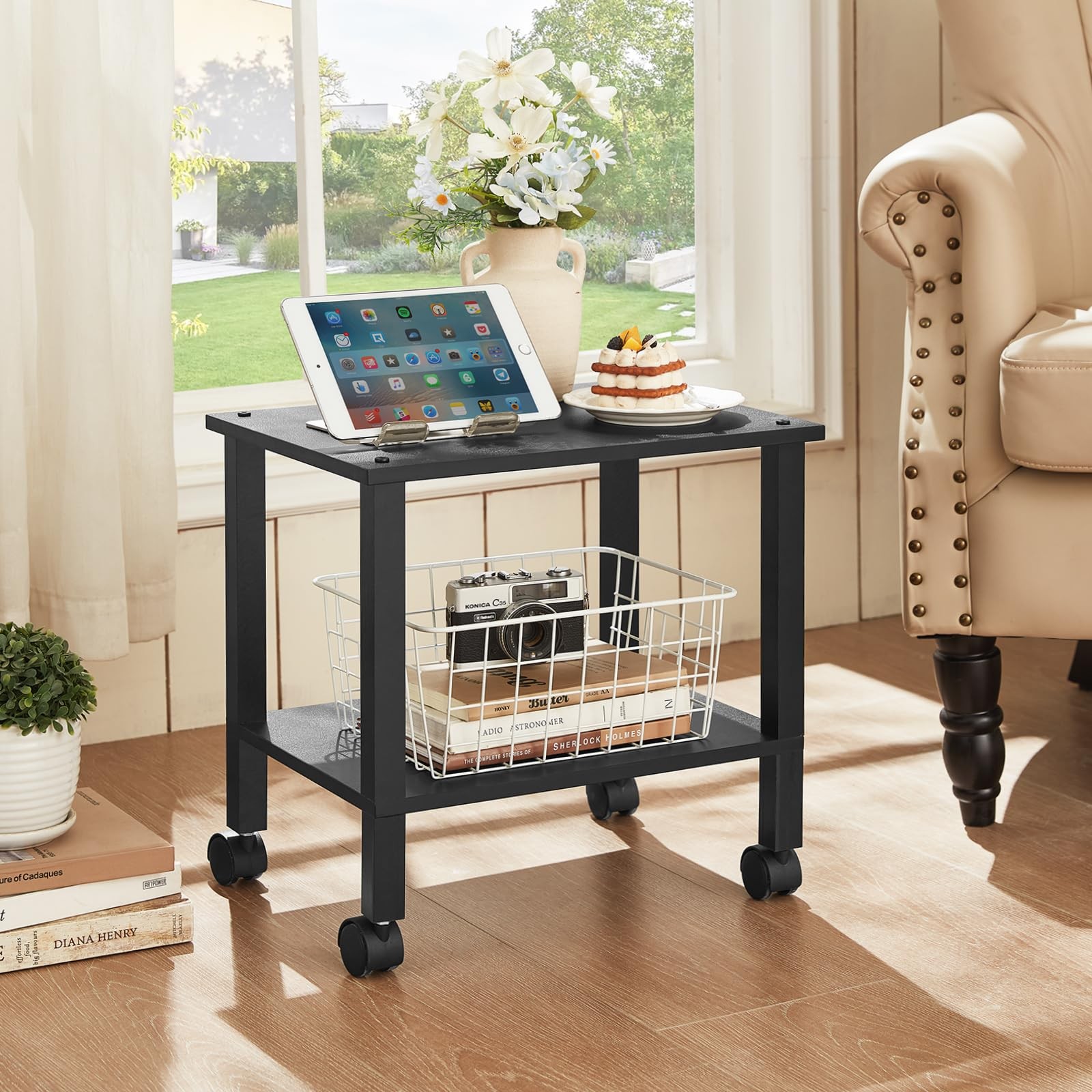 YUFAM 2 Tier Printer Stand with Storage,Under Desk Shelf 2-Tier, Black