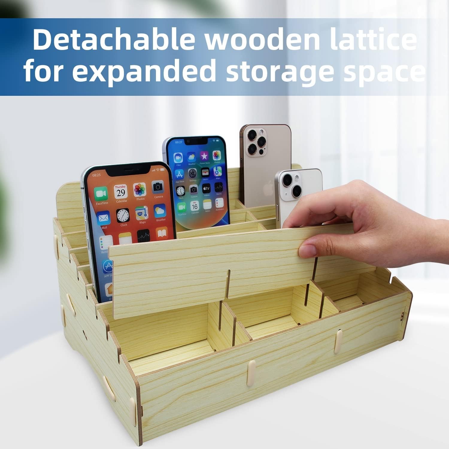 HengTianMei 24 Grids Cell Phone Holder Classroom 24 Standard, Natural Wood