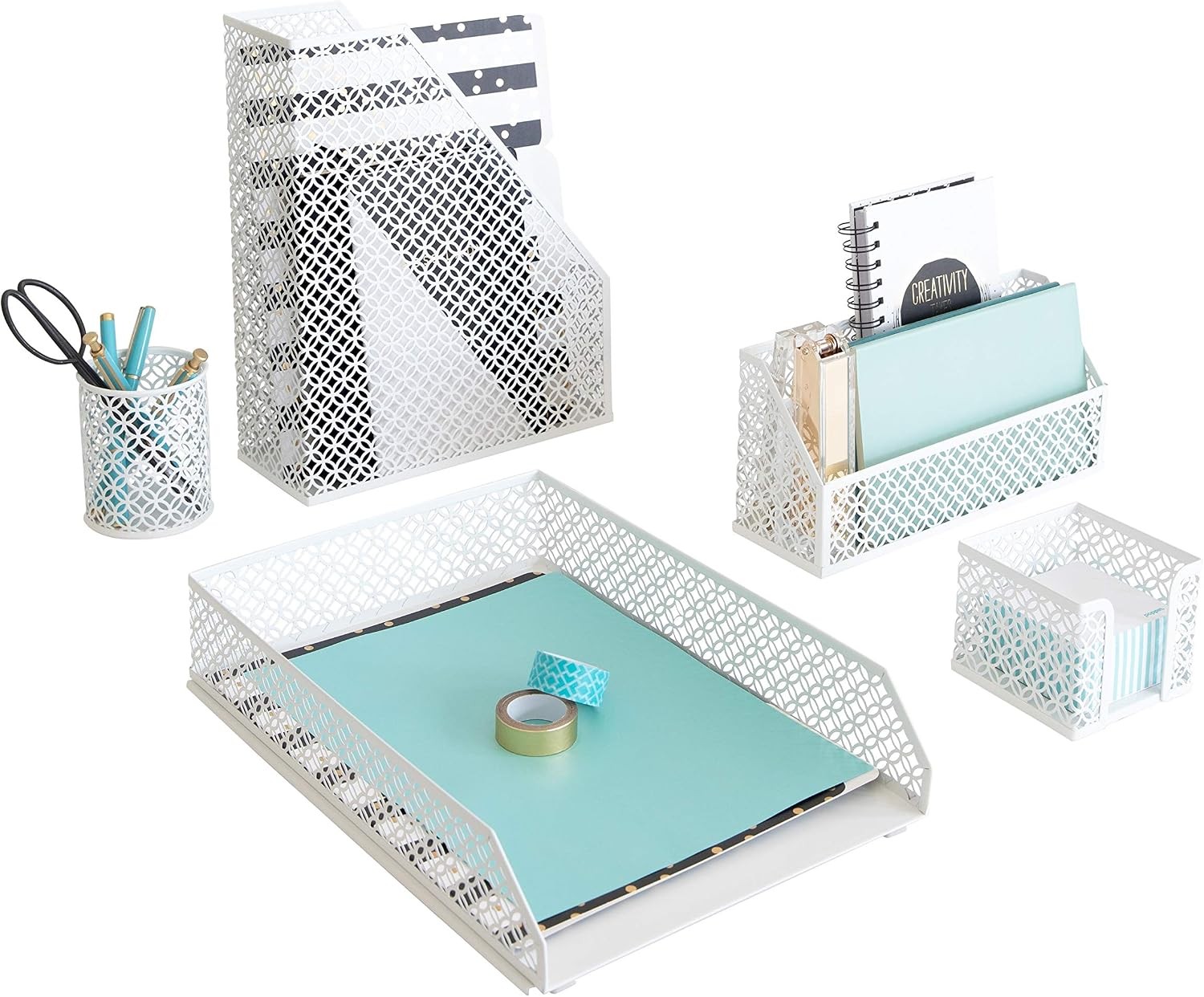 Gold Desk Organizer Set Mail Sorter Pen Holder Letter Tray Office Accessories