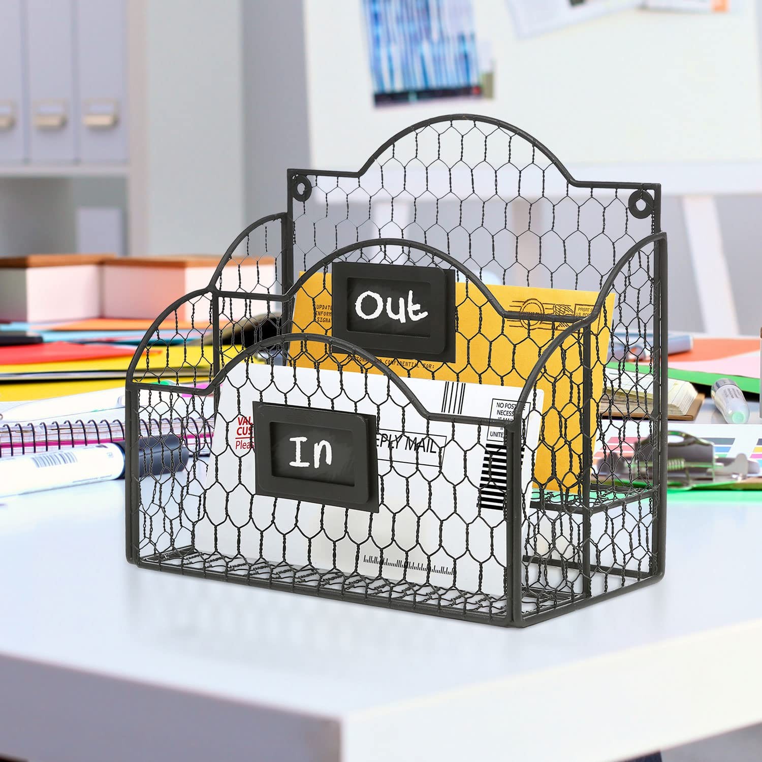 MyGift Metal Wire Basket Desk Organizer, 2 Compartment Size Pillow-380, black