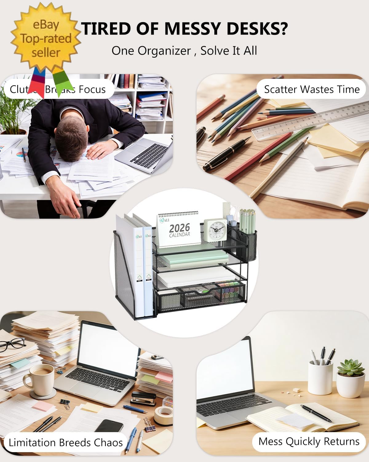 Desk File Organizer, 4 Tier Desktop Paper Letter Tray Organizer with Drawer and