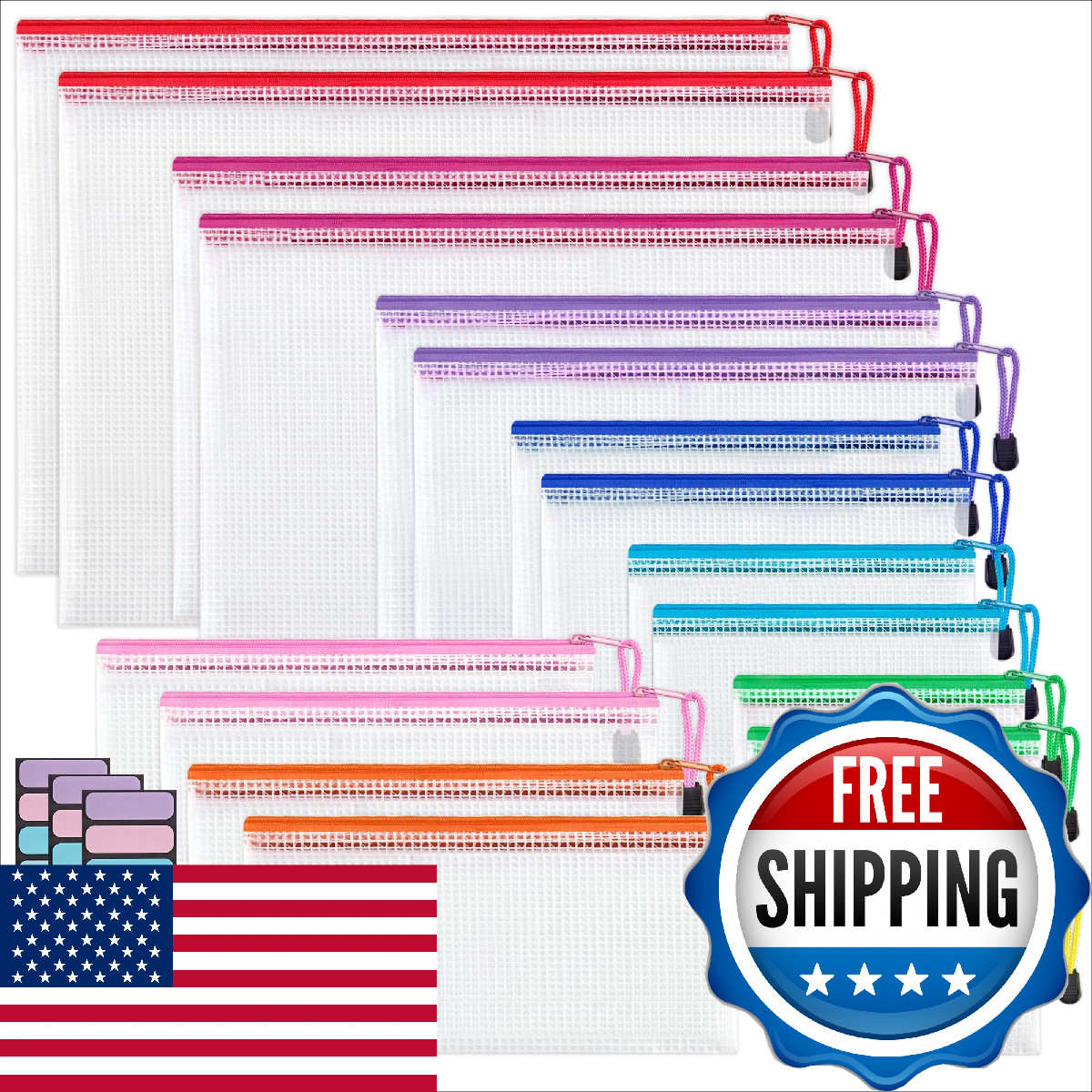 Jarlink 18 Pack 8 Sizes Mesh Pouch 9 Colors Waterproof Zipper Bags Document