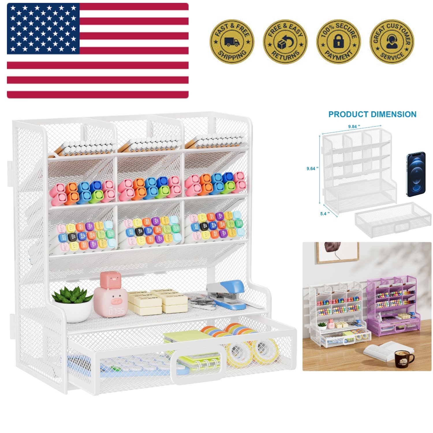 Larger Mesh Desk Organizer with Drawer, Multi-Functional Pen Pencil Holder, E…