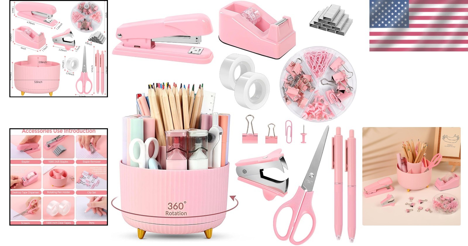Versatile 10-Pc Pink Office Supplies: Stylish Rotating Holder, Stapler & More