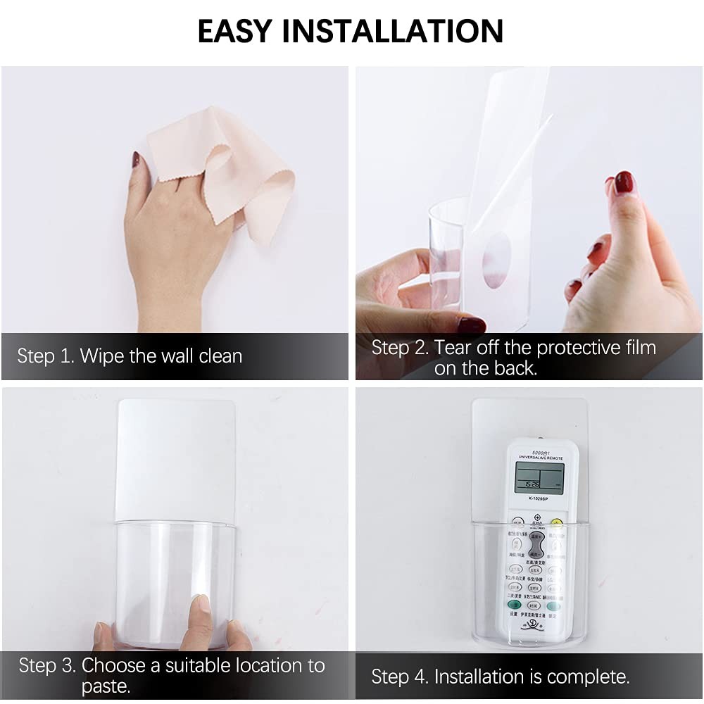 4 PCS Remote Control Holder, Wall Mount Self-Adhesive Transparent Media clear