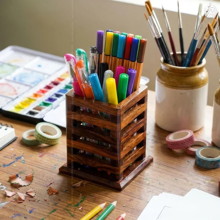 Handmade Wooden Pen Stand Desk Pen Holder Solid Wood Desk Pen Organizer, Wood…