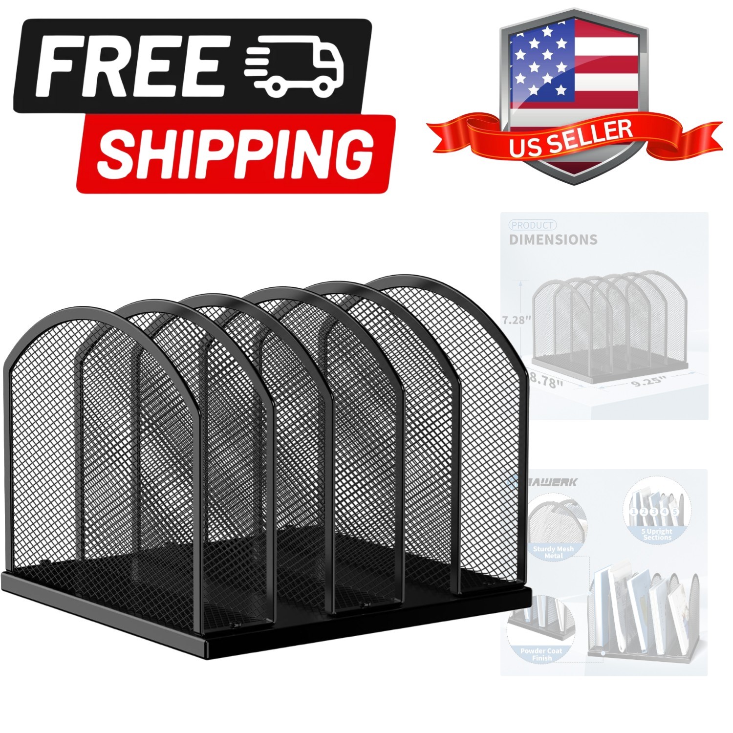 5-Section Vertical Desktop Organizer, 5-Section Mesh File Folder Stand Sorter…