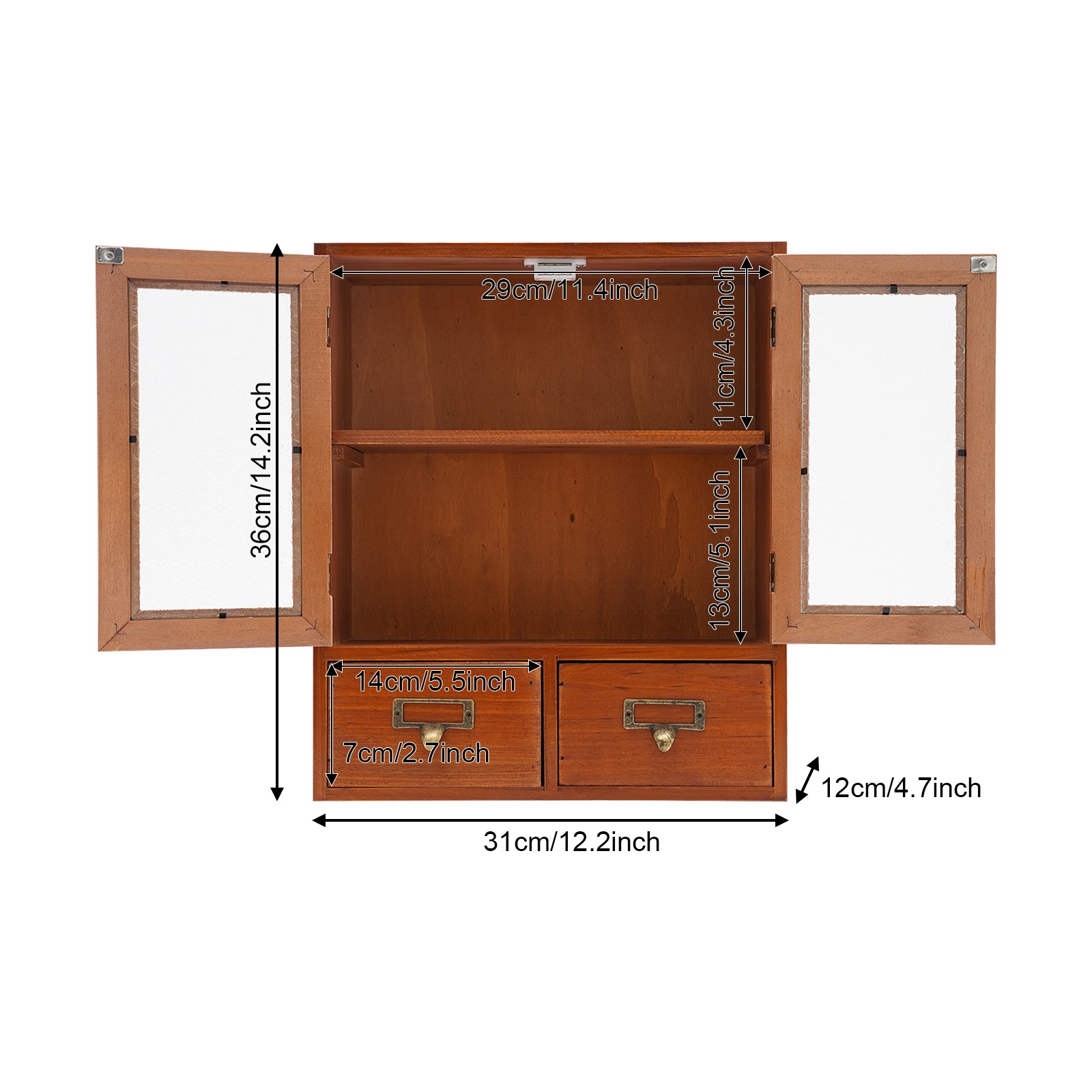 Vintage Tabletop Organizer with 2 Drawers & Glass Door Storage Cabinet Brown