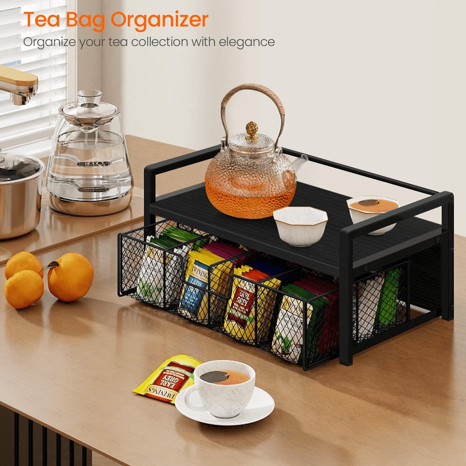 Homode Wood Tea Bag Organizer, Teabag Holder with Drawer, Black