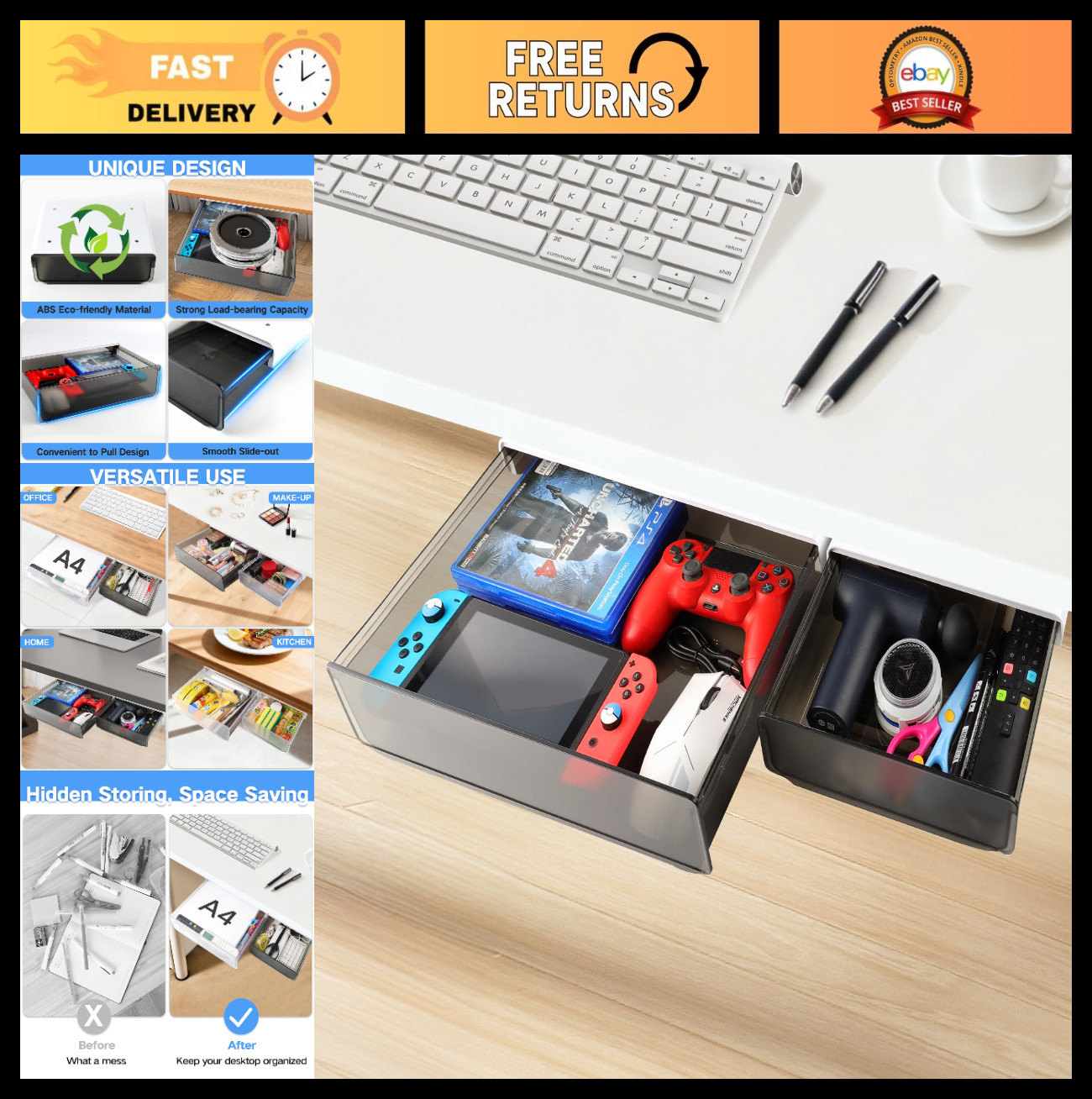 Under Desk Drawer Organizer 2 Pack – Self-Adhesive Slide Out Storage Tray for Of