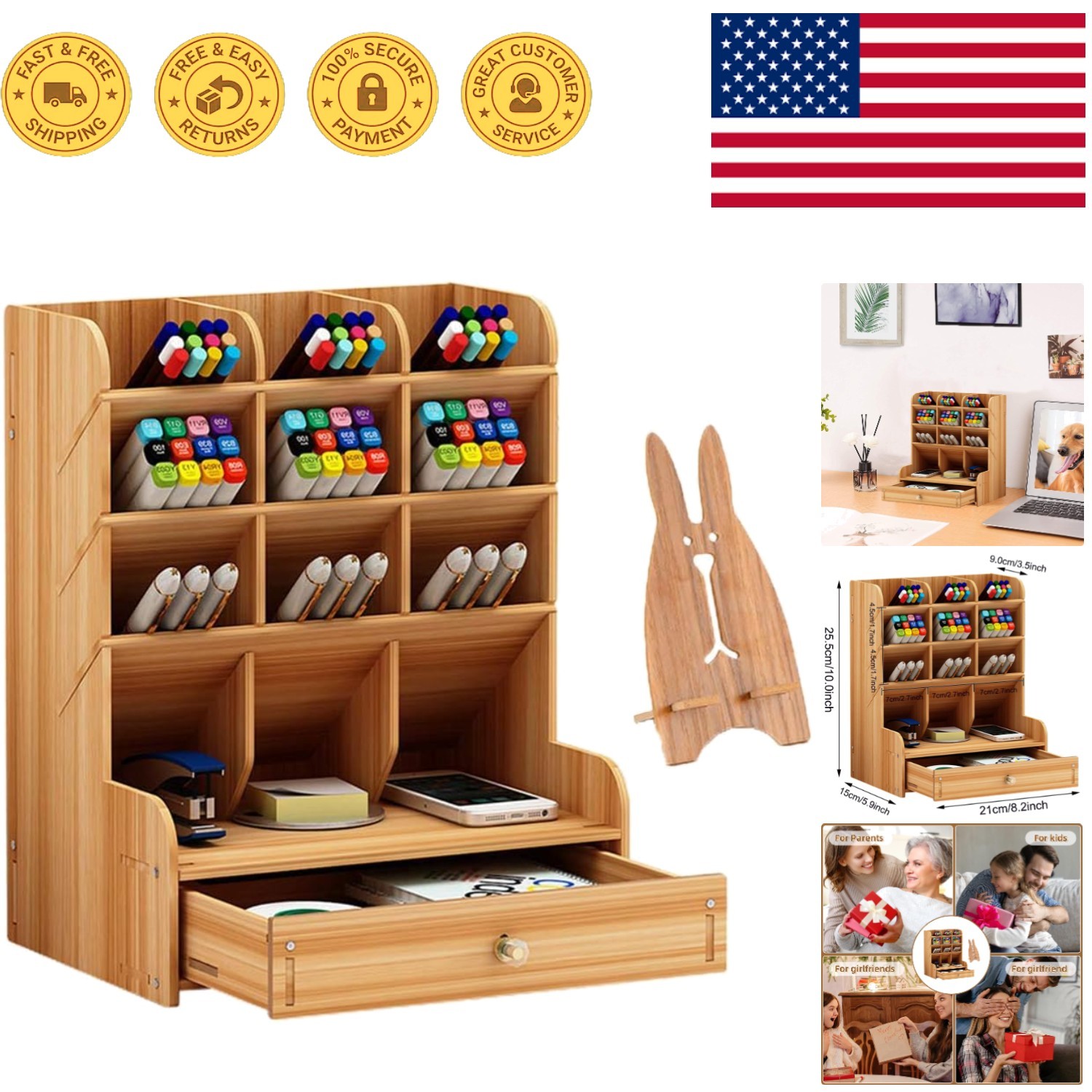 Elegant Varnished Wooden Desk Organizer with 13 Compartments for Tidy Workspaces