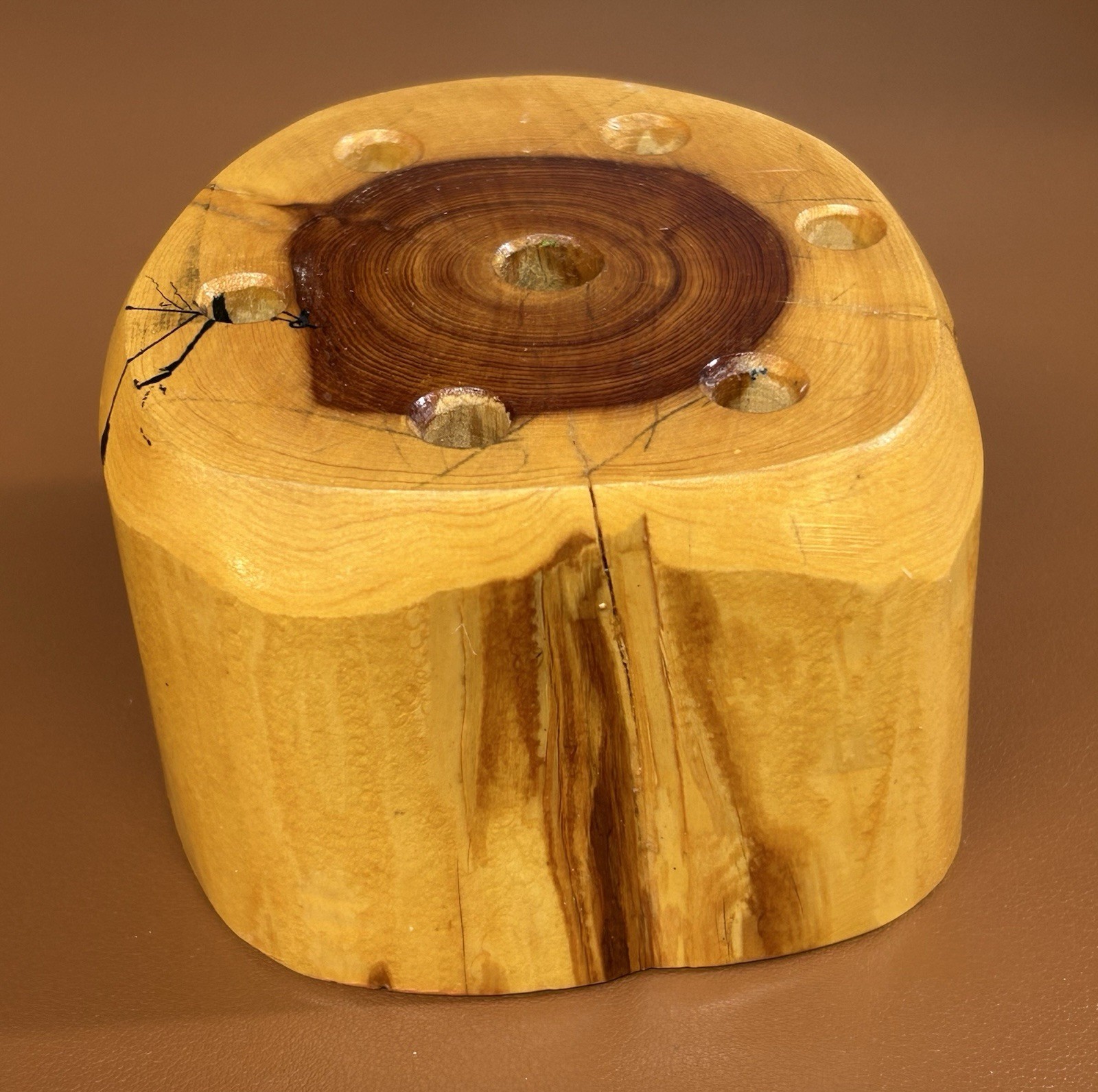 3.5” Handmade Rustic Wood Log Pencil Holder w/ 7 Holes for Desk Wooden