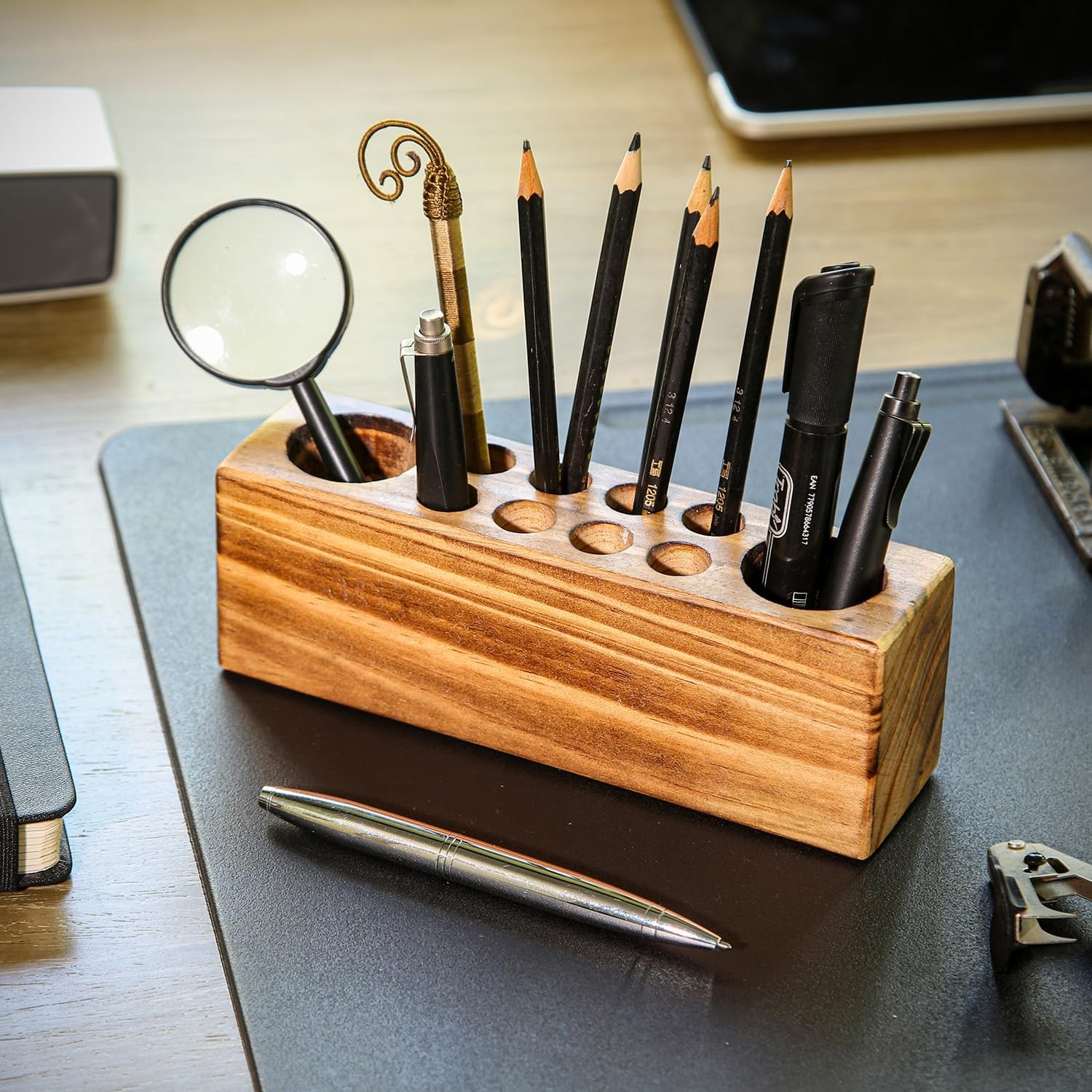 Pen Holder for Desk Rustic Wooden Pencil Holder for Desk, Solid Wood Desk Pen Or