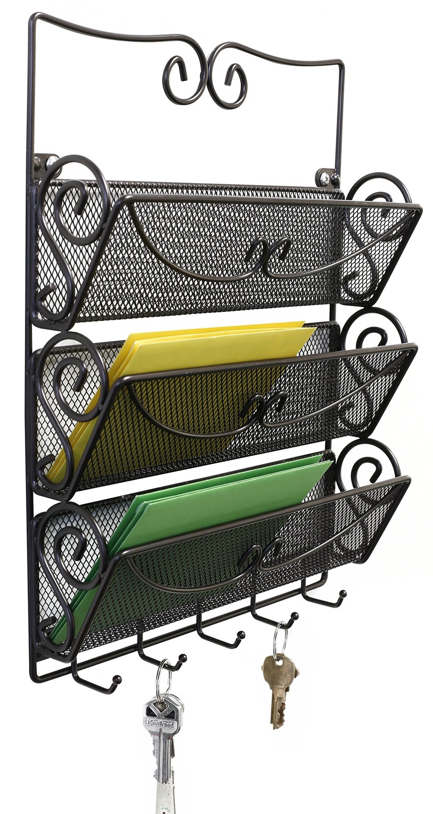 Wall Mail Organizer with 5 Key Holder, 3 Tier, Bronze