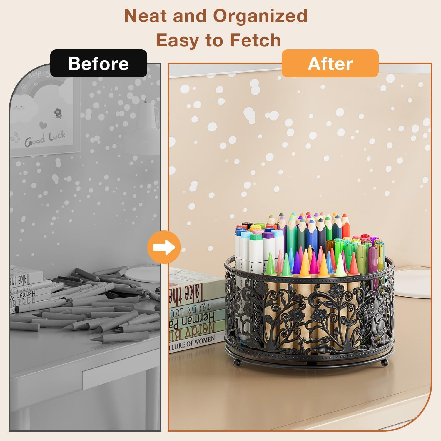 Pencil Holder for Desk – Cute Rotating Pen Organizer Caddy Desktop Storage Stati