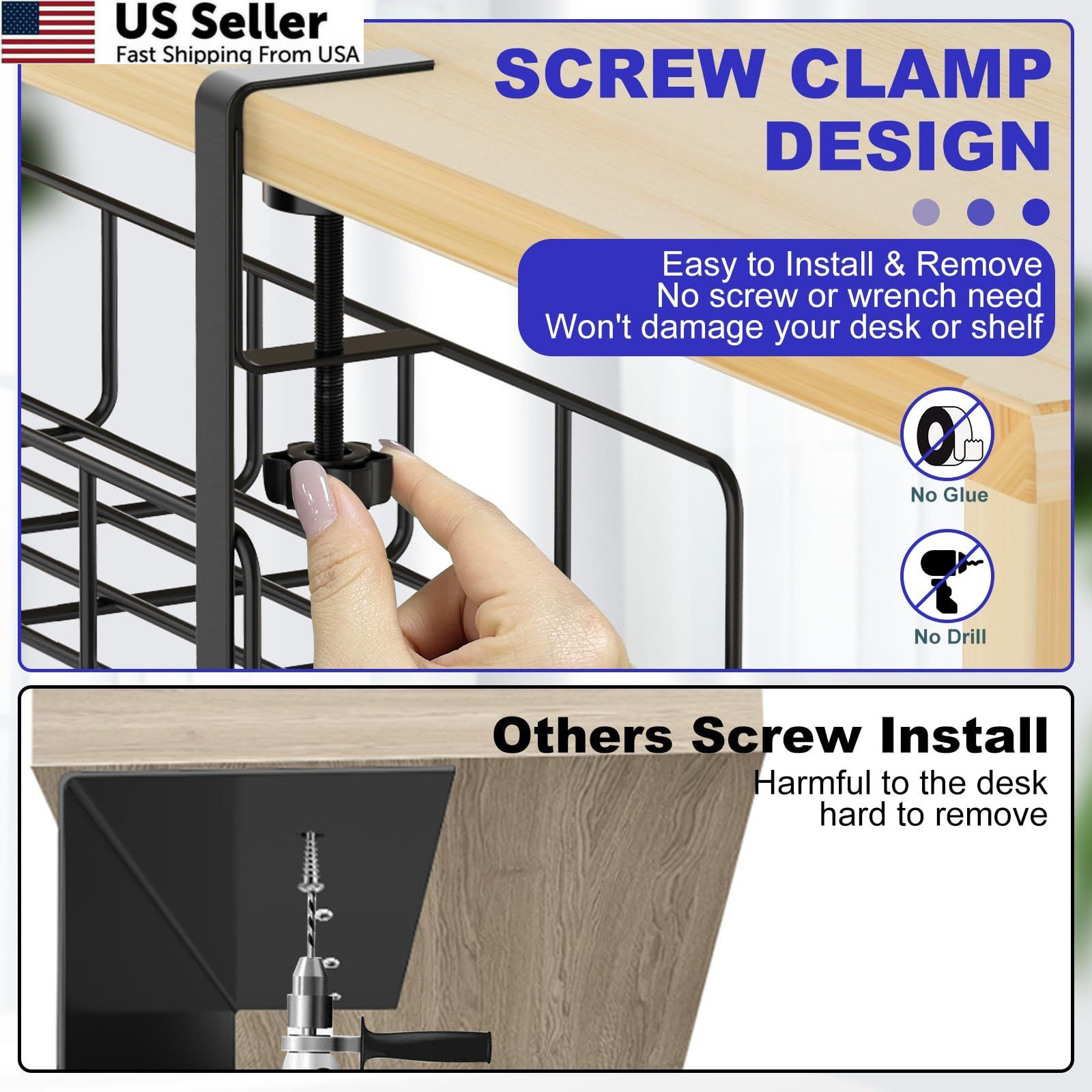 15.7” Under Desk Cable Management Tray, No Drill Steel 1 Pack, Black