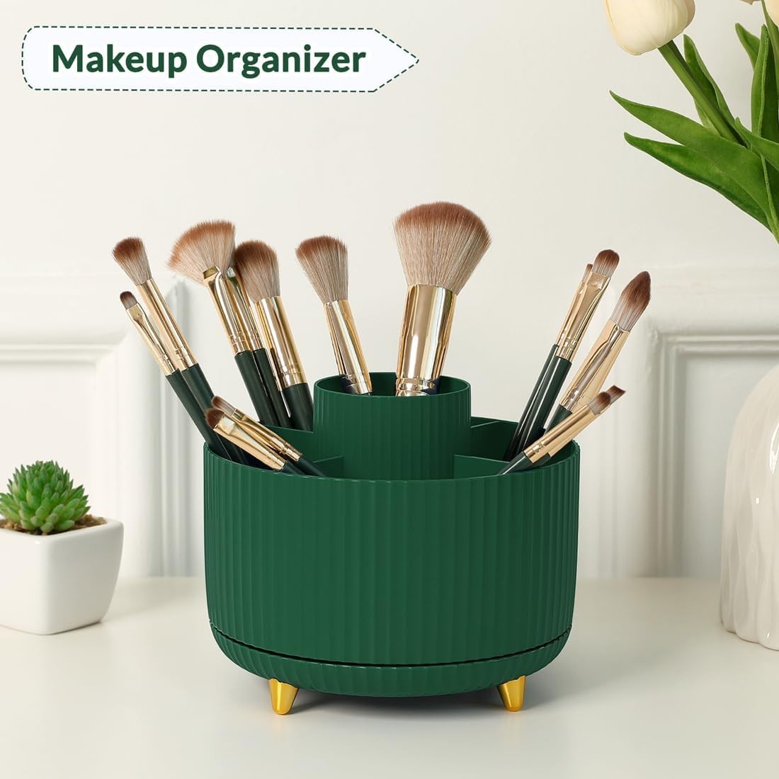 Dark Green 5-Compartment Rotating Desk Organizer for Office & Art Supplies
