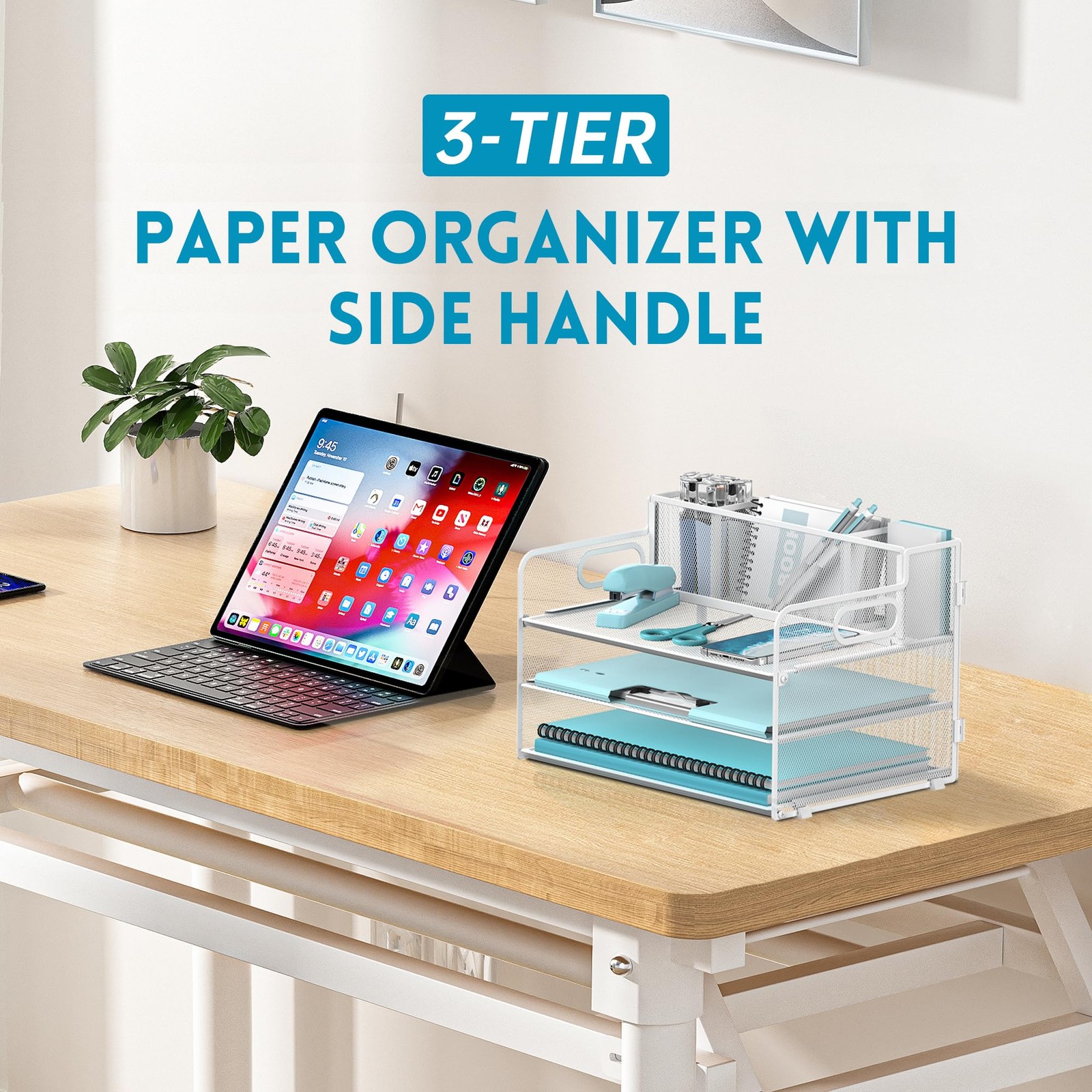 JMHUD 3 Tier Paper Letter Tray Organizer with Pen Holder for 1 Pack, White