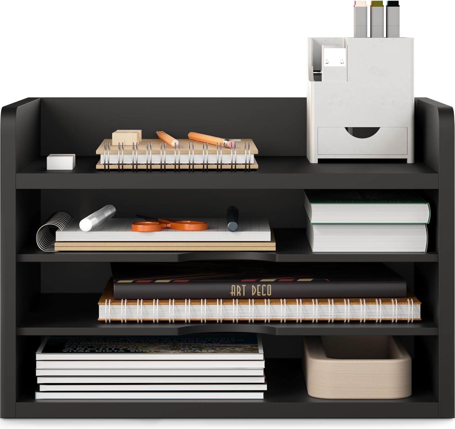 4-Tier Modern Black Desk Organizer – Open Top Paper Tray for Stylish Offices