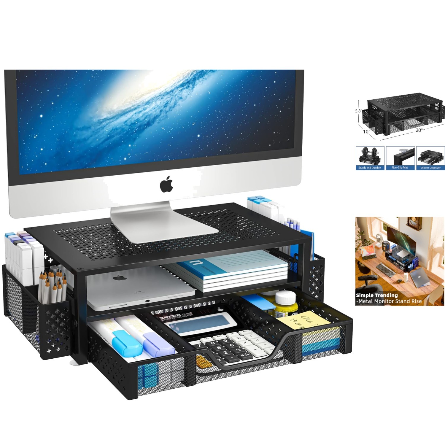 Ergonomic Metal Monitor Stand Riser with Drawer & Pen Holder – Black, 20″ Wide