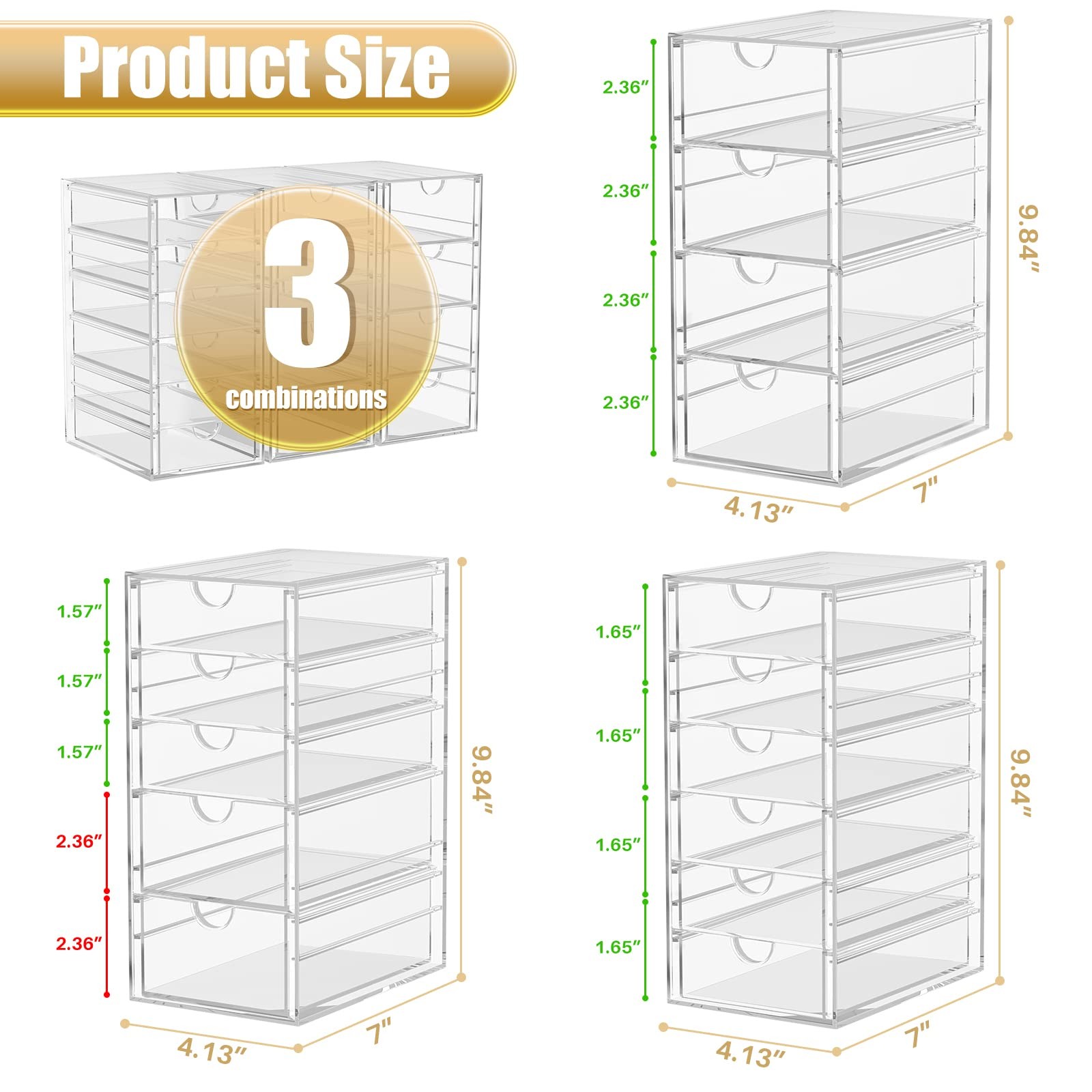 Acrylic 3 Pack Desk Organizers and Accessories, Makeup 15 Drawers, Clear