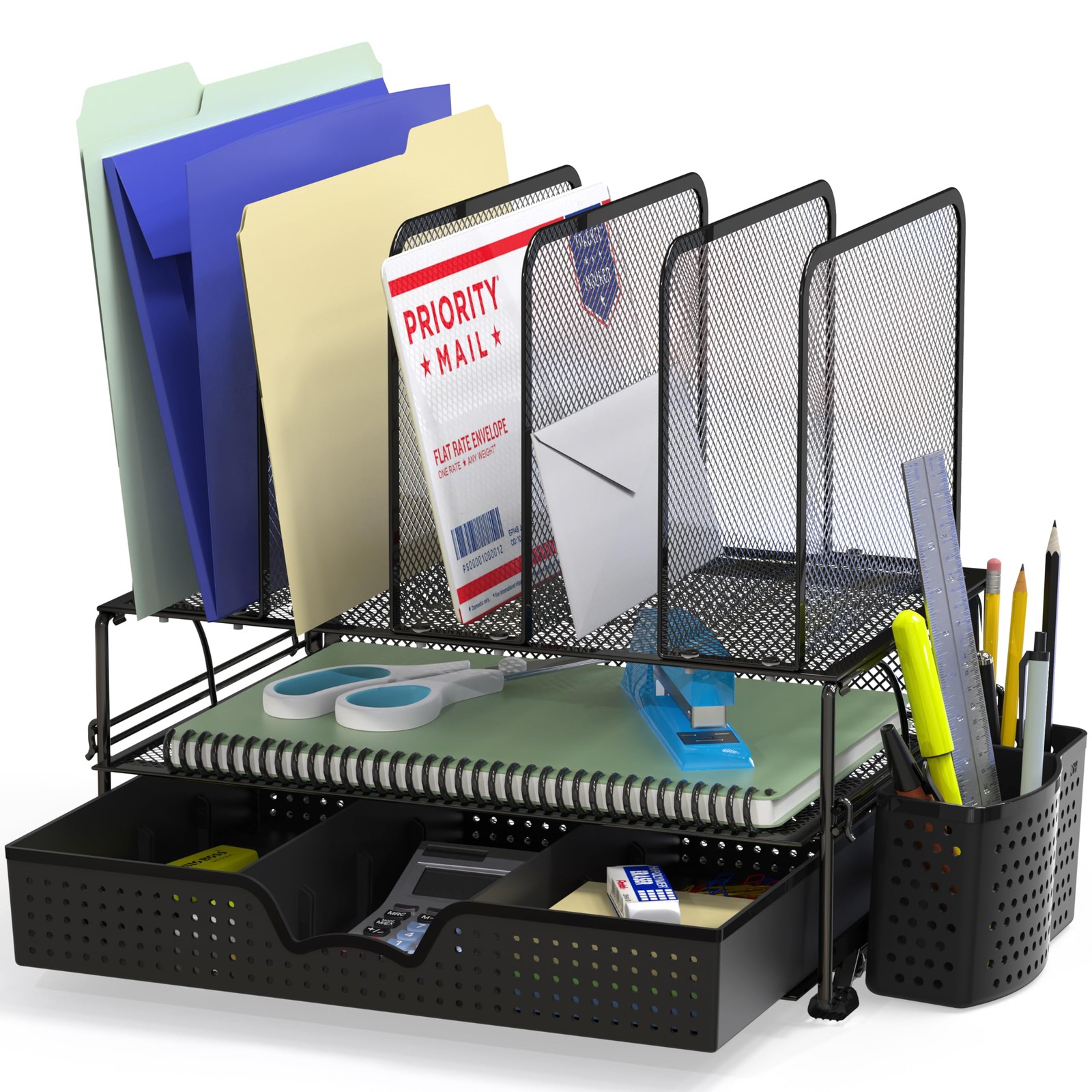 Simple Houseware Mesh Desk Organizer with Sliding Drawer, Double Tray Black