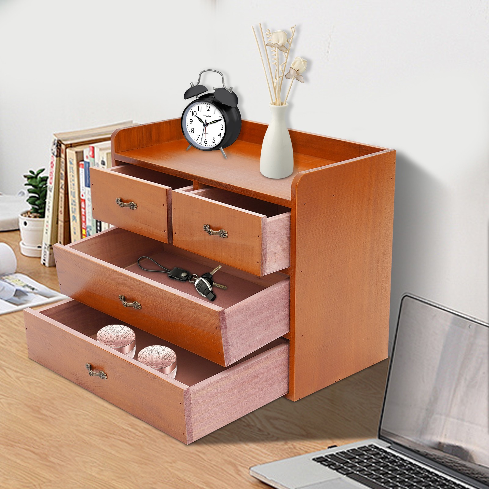 Desk Organizer with Drawers Wooden Desktop Storage Cabinet Storage Box, 4 Drawer