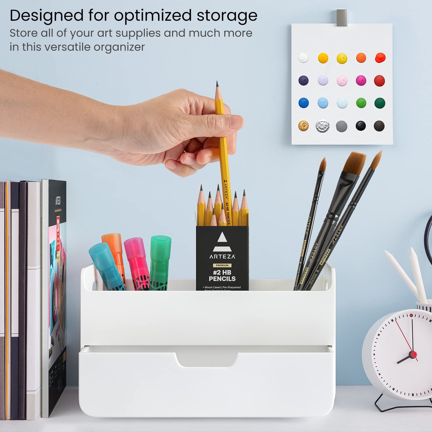 Arteza Small Desk Organizer Drawer Portable White Caddy Pen Holder Lightweight
