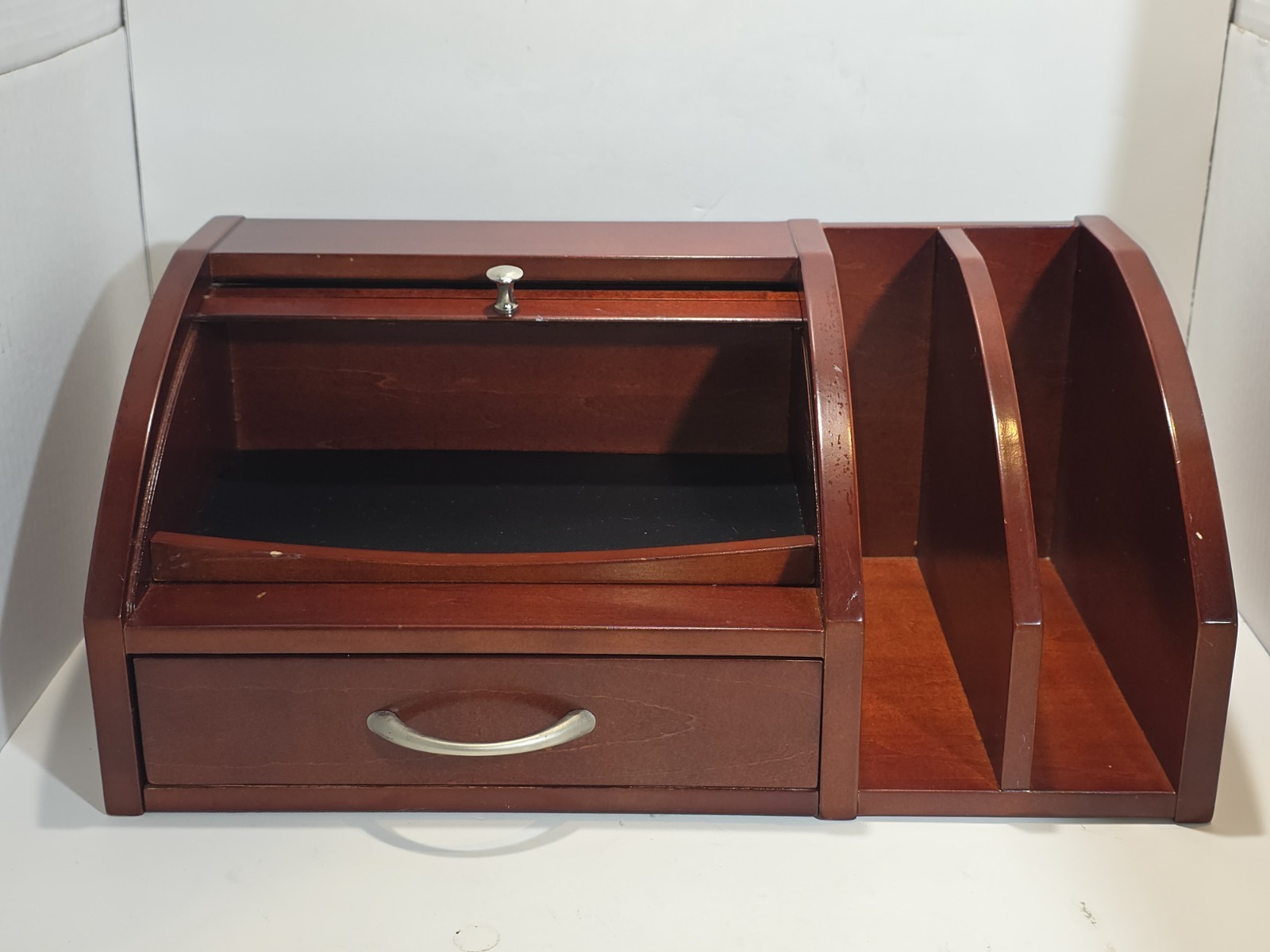 Mahogany Desk Organizer w/ Roll-Top Storage & Drawer 15 × 8