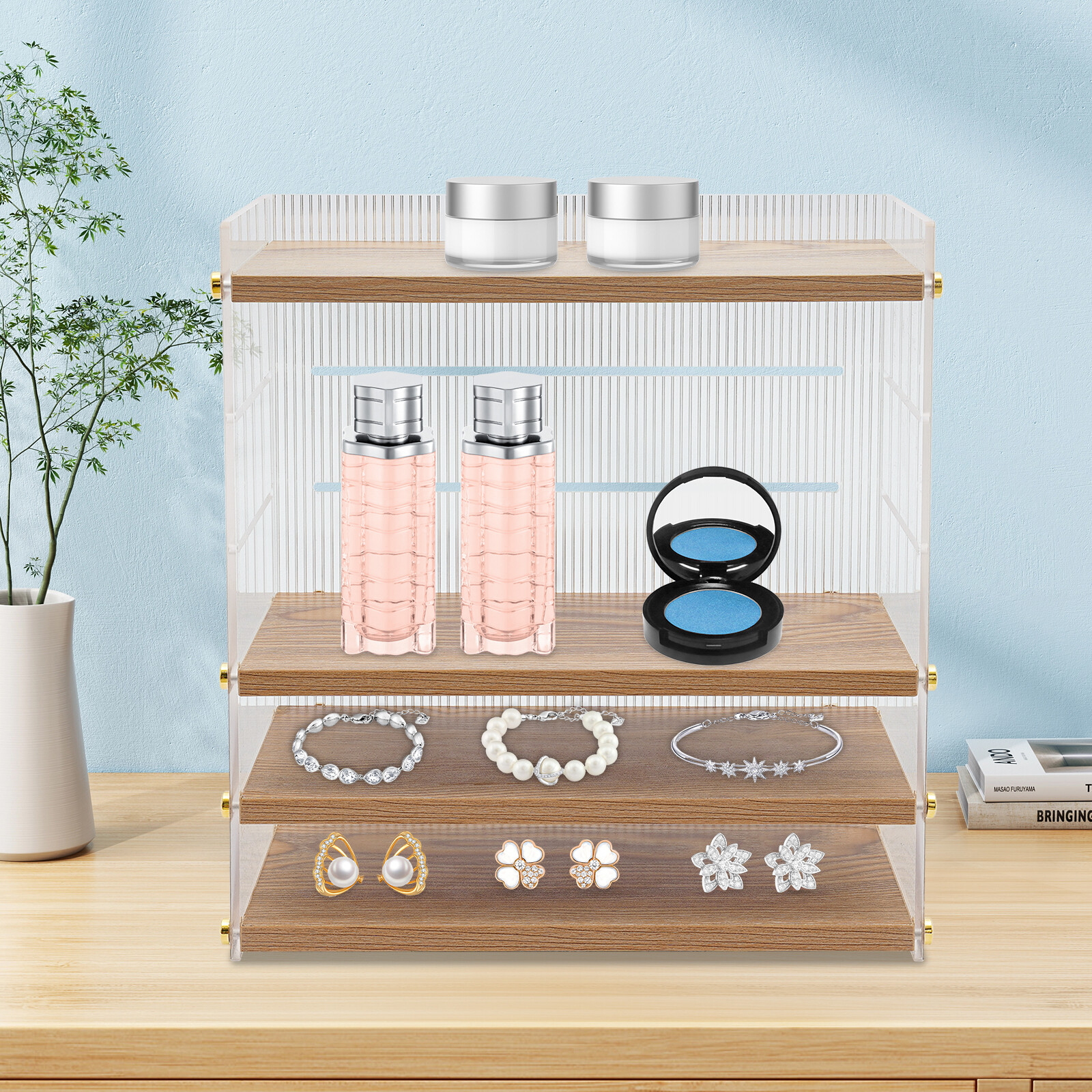 4 Tier Desk Organizer, Desktop Storage Cabinet, Storage Box Wood, Clear New