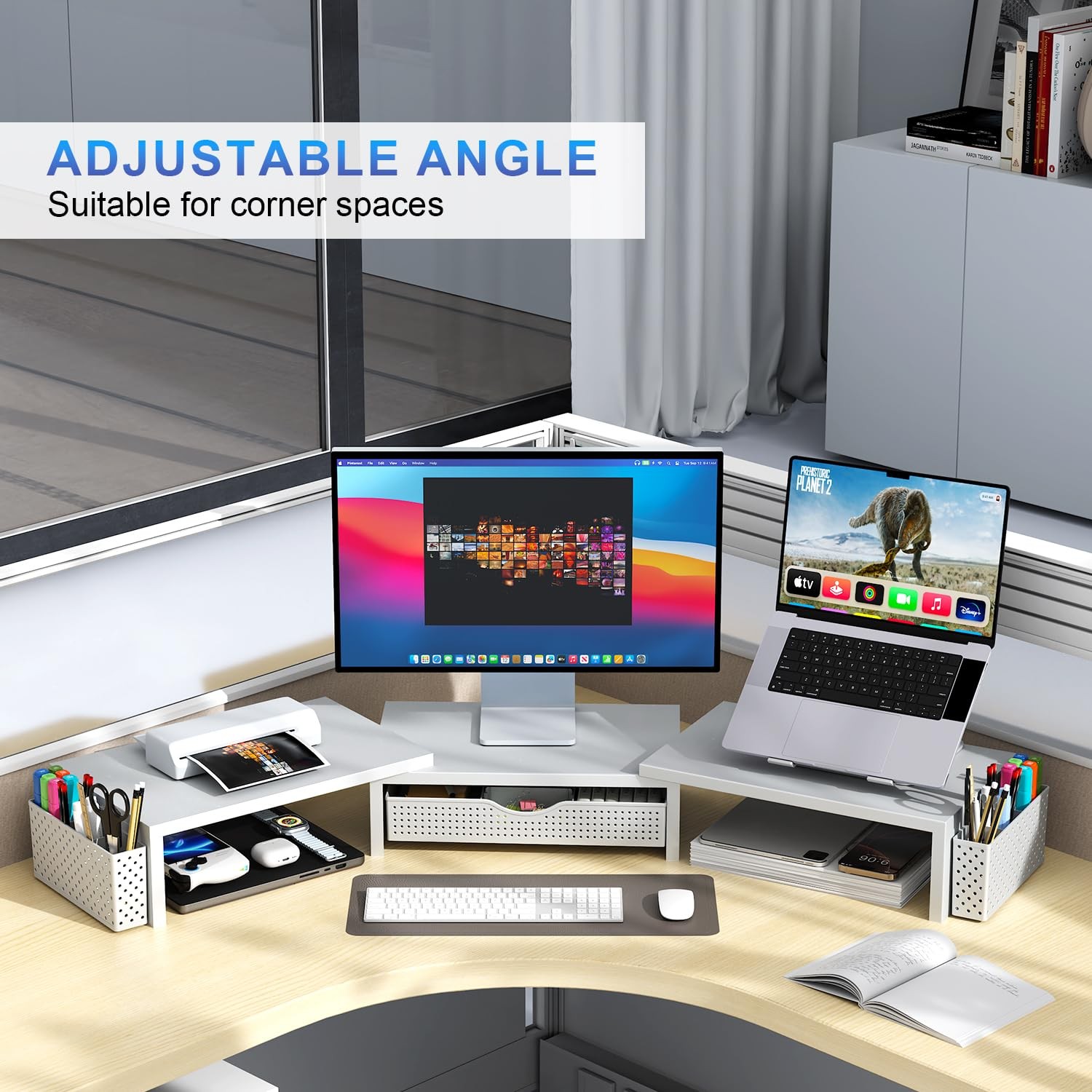 gianotter Dual Monitor Stand Riser, Desk Organizer With Drawer and 2 White