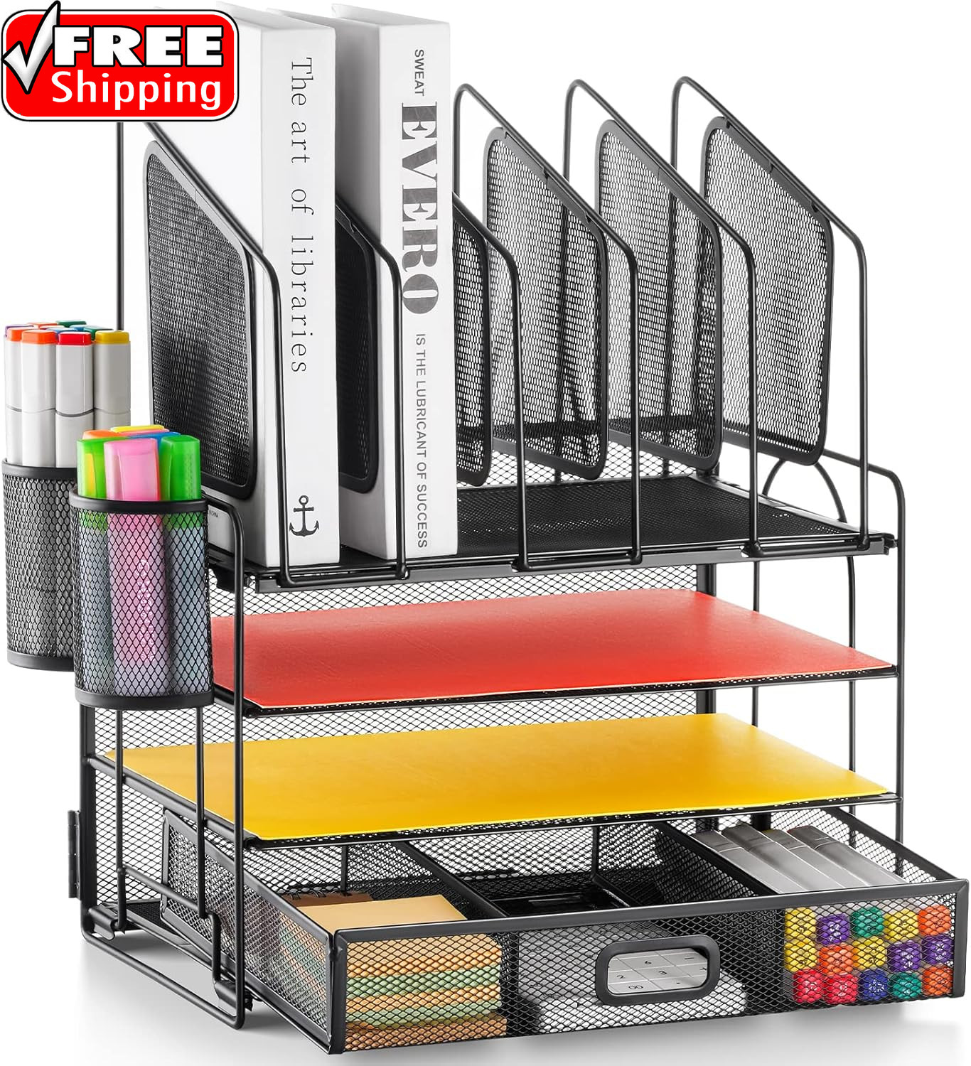 Desk Organizer with Drawer, 4-Tier Mesh File Organizer with 5 Vertical File Hold