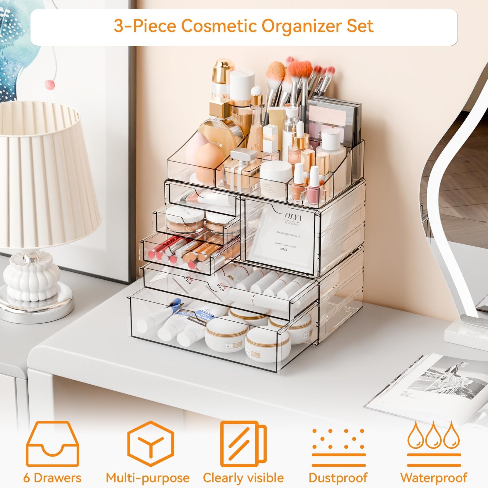 Yieach Acrylic Make up Organizers for Counter,Desk and 6 Drawers, Clear
