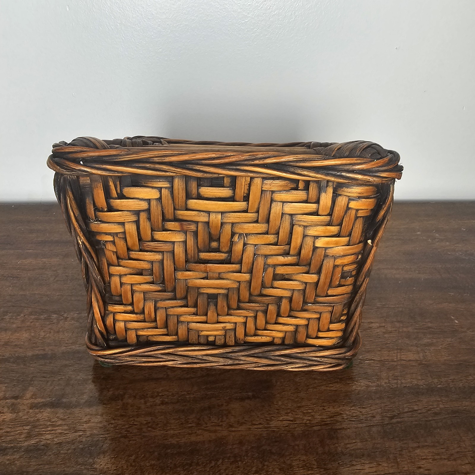 Boho Chic Woven Rattan Bamboo Desk Organizer 3 Compartment Vintage Storage