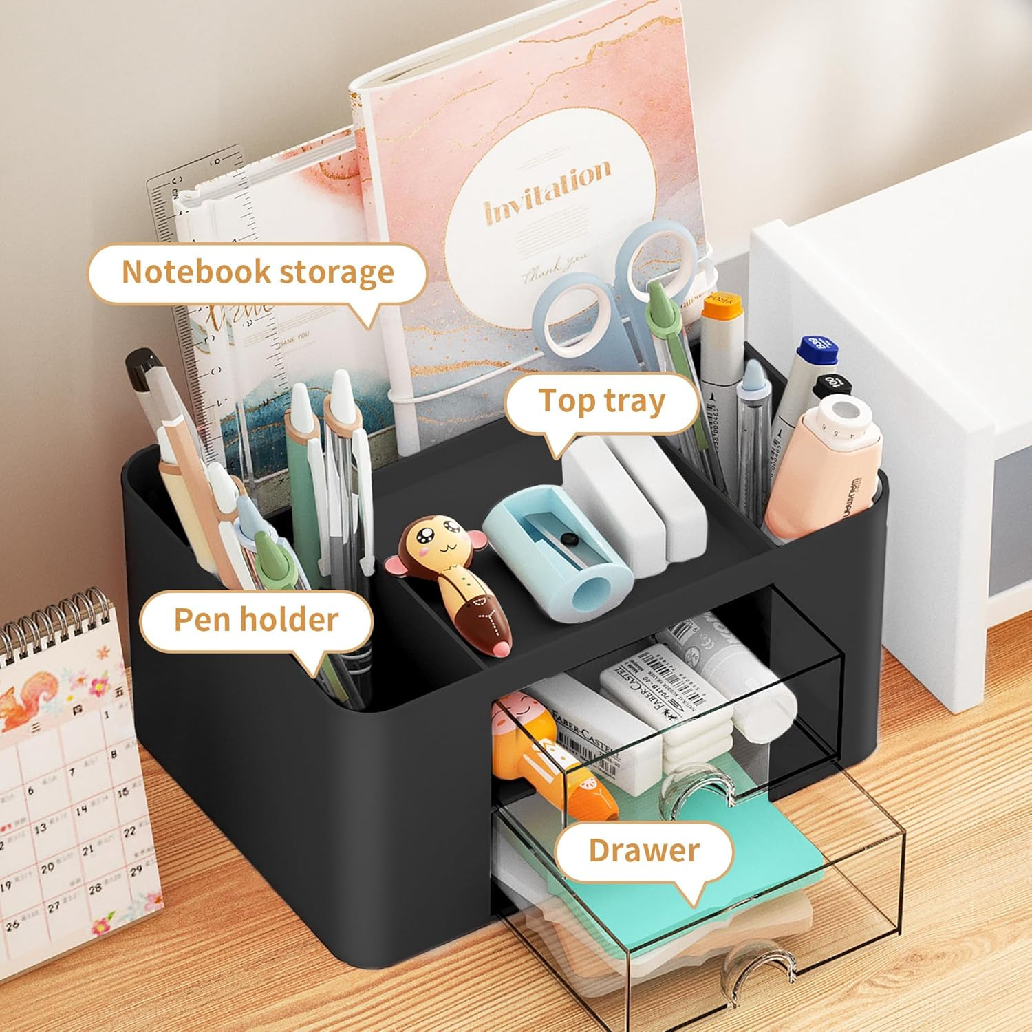 Pen Organizer with 2 Drawer, Multi-Functional Pencil Holder for Desk, Desk Organ