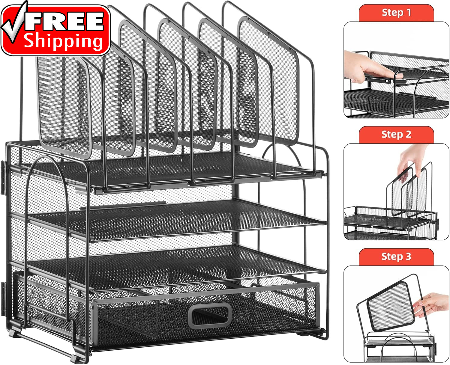 Desk Organizer with Drawer, 4-Tier Mesh File Organizer with 5 Vertical File Hold