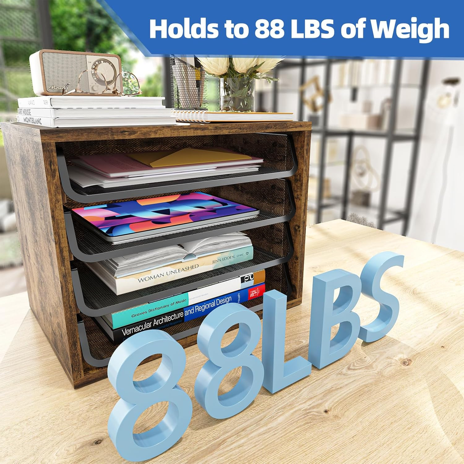 Desk File Organizers, 4-Tier Letter Tray Paper Organizer with File Holder, Woode