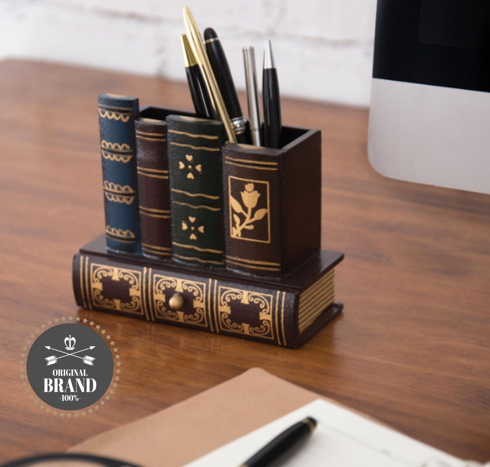 Antique Book Design Desk Organizer Wood Pencil Pen Holder w Drawer Brown