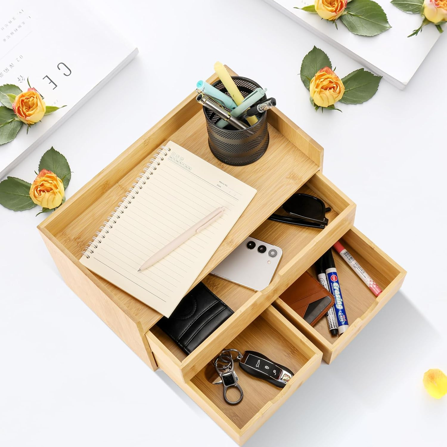 Bamboo Desk Organizer with Drawers Countertop Drawers Counter Storage Box Corner