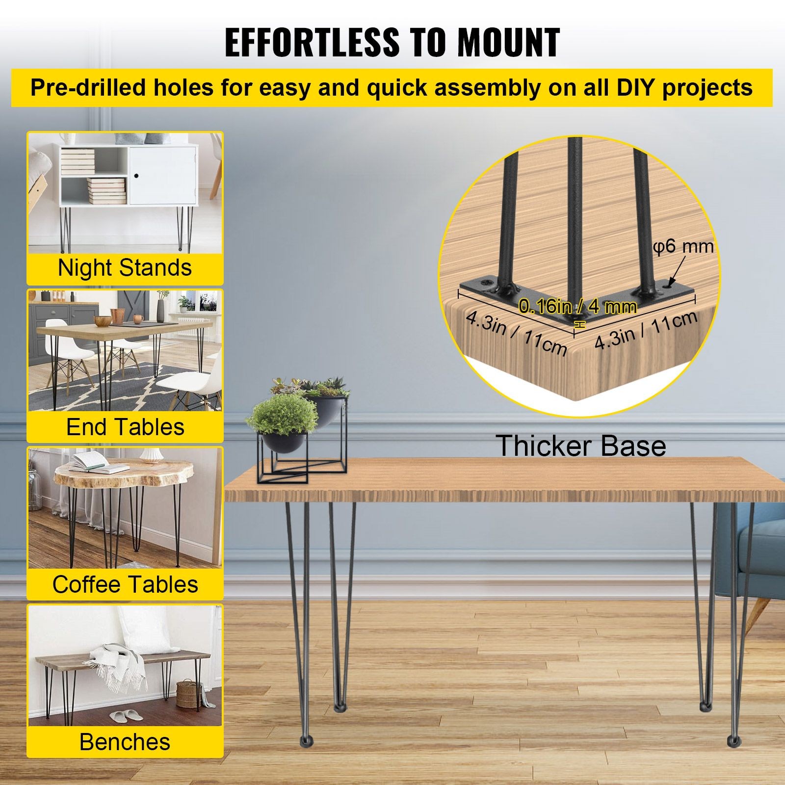 Hairpin Table Legs 16″ Black Set of 4 Desk Legs 880lbs Load Capacity (Each