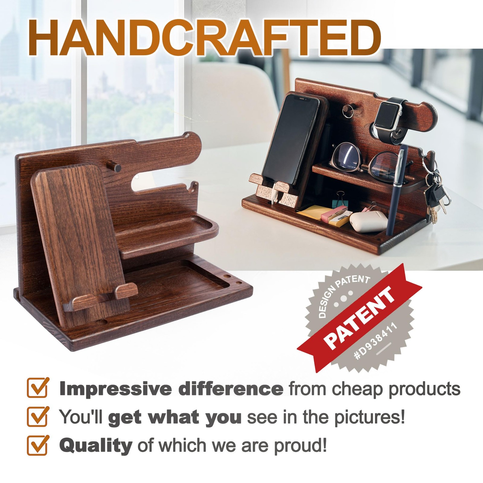 TESLYAR Wood Phone Docking Station for Men – Desk or Nightstand Bourbon Brown