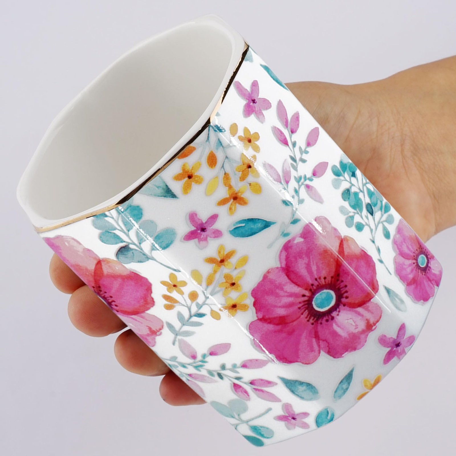 Pen Holder, Makeup Brush Holder Ceramic Shiny Gold Spring Floral Pattern Penc…