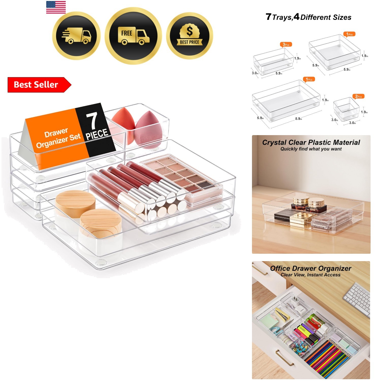 7-Piece Drawer Organizer with Non-Slip Silicone Pads, 4-Size Desk Drawer Orga…
