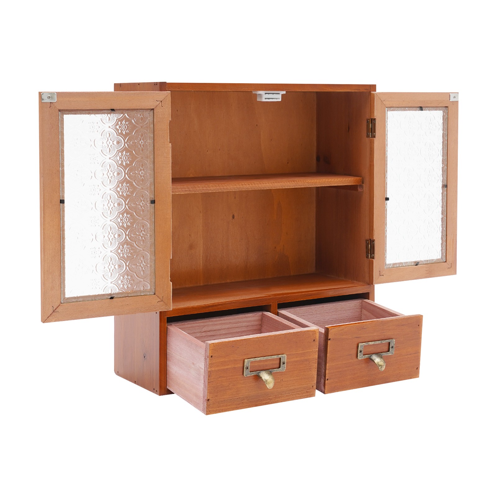 Vintage Tabletop Organizer with 2 Drawers & Glass Door Storage Cabinet Brown