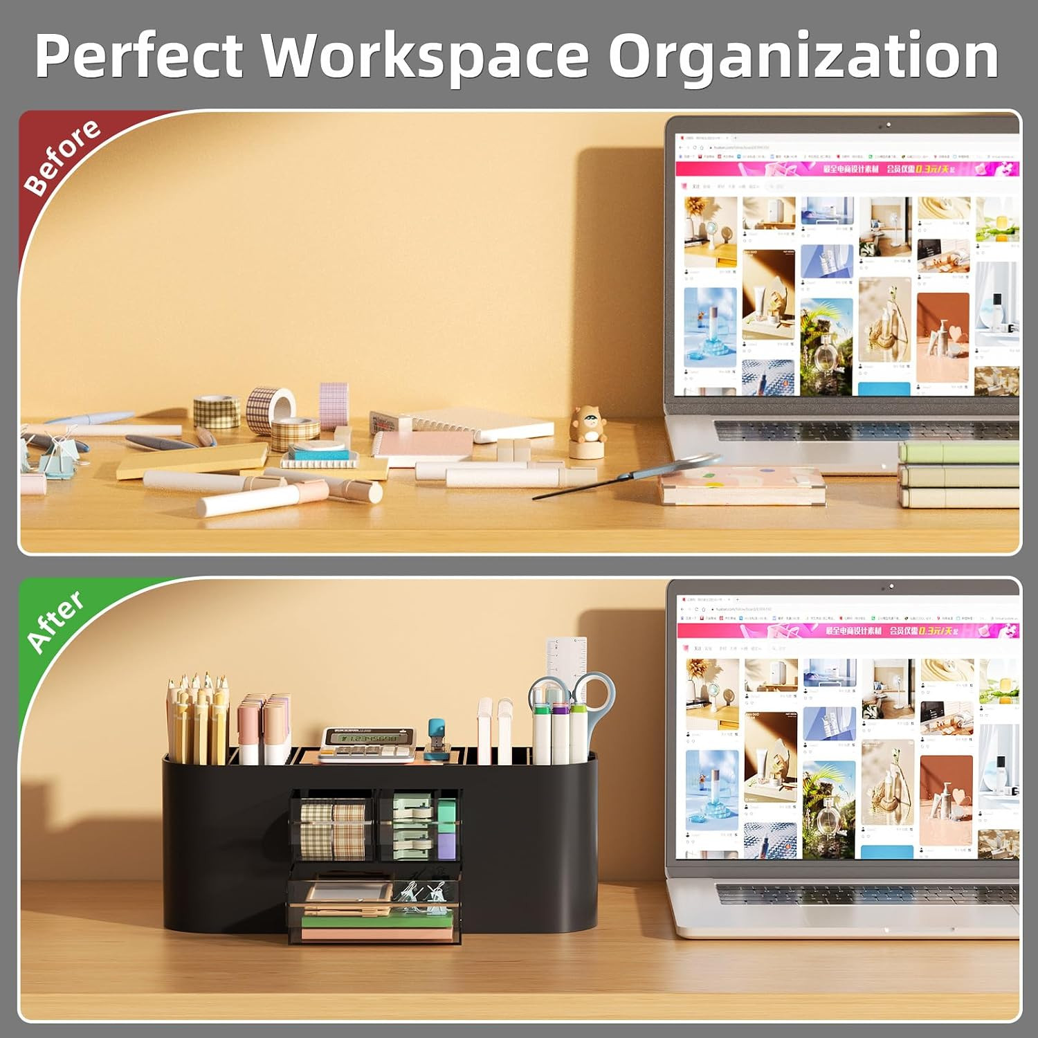 Desk Organizer Pen Holder with 3 Drawers, Multi-Functional Pencil Holder,Desk Or