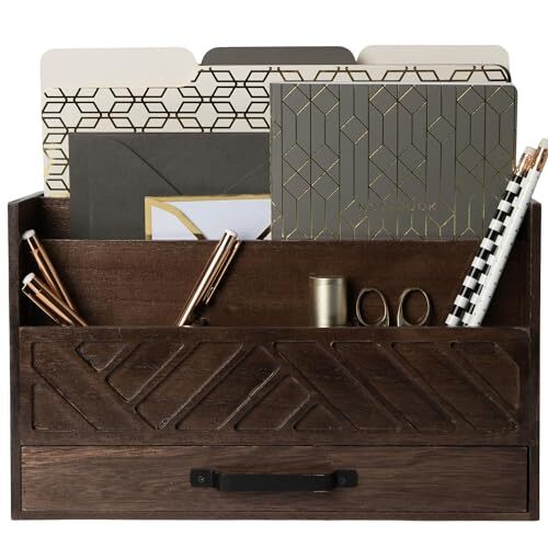 Brown Wood Desk Organizer with Drawer – Bill Storage Organizer and Sorter for…