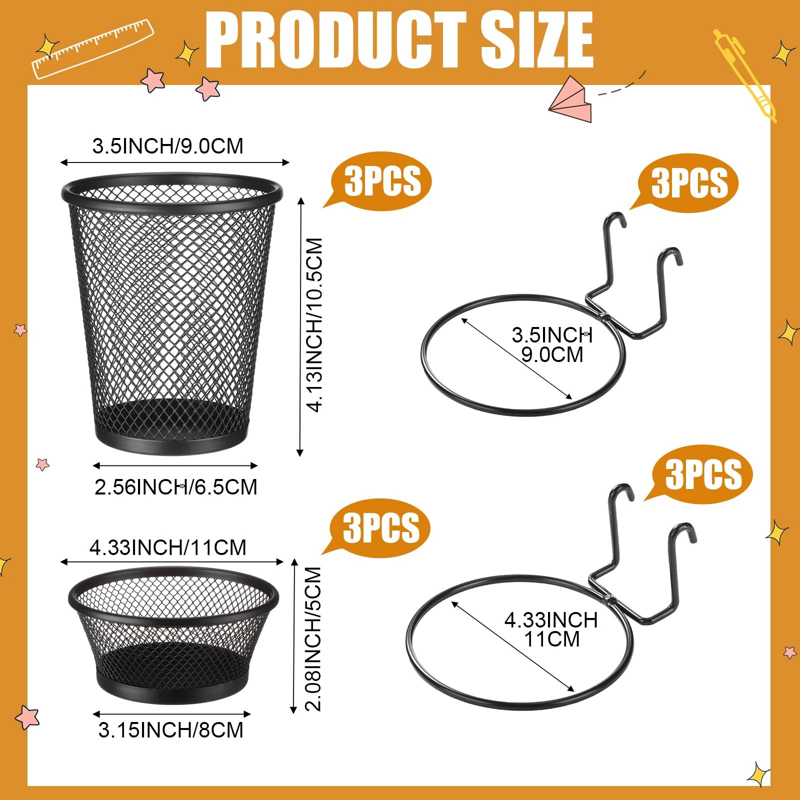6 Pcs Grid Wall Cups with Ring Hooks Hanging Pencil Holder Wall Mount Wire Gr…