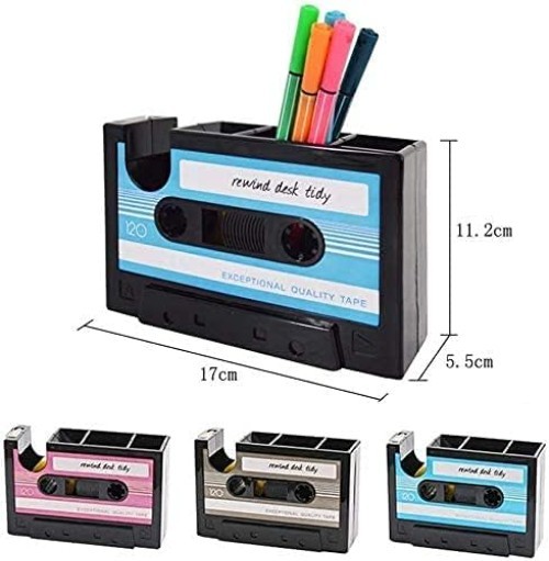 Blue Multifunctional Cassette Tape Dispenser & Pen Holder for Creative Spaces