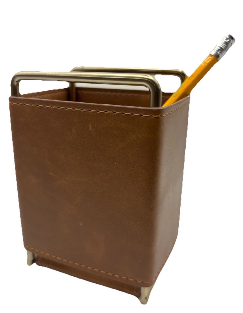 West Elm Leather & Brass Pencil Cup Desk Organizer – Mid-Century Modern – NWT
